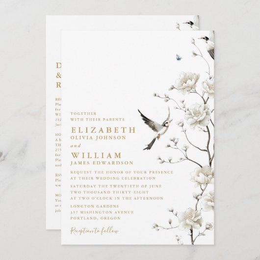 金ゴールドエレガントの中の陳腐なフローラ結婚 招待状 (正面/裏面)