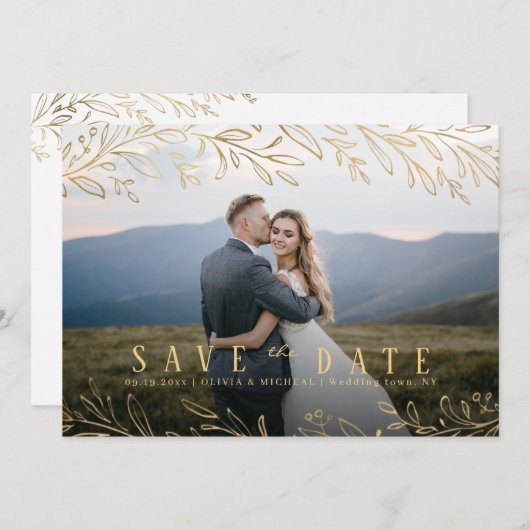 金ゴールドエレガントの植物の葉の写真は日付を保存 招待状 (正面/裏面)