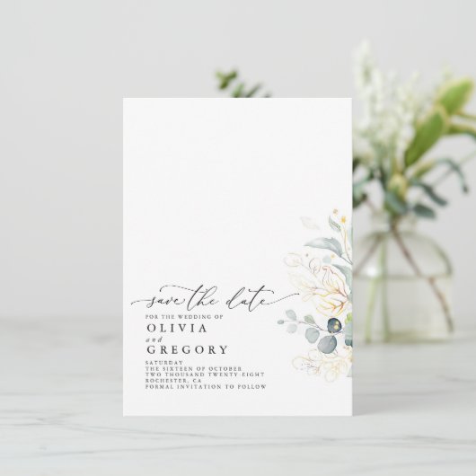 金ゴールドエレガントの緑が日付を保存 案内状 (スタンド正面)