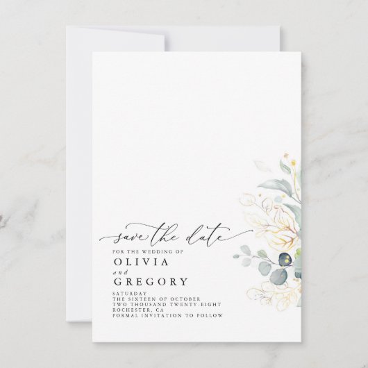 金ゴールドエレガントの緑が日付を保存 案内状 (正面)