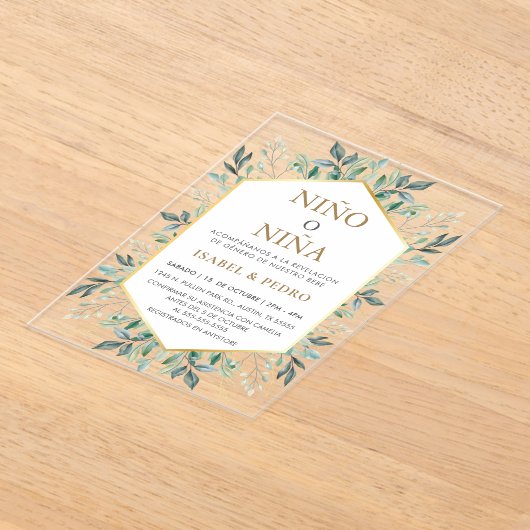 金ゴールドエレガントの緑の枠のスペインの性別の表示 アクリル招待状 (レイダウン)