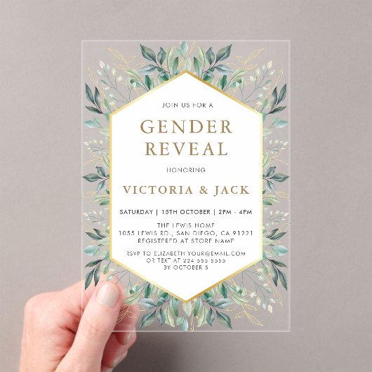 金ゴールドエレガントの緑の枠の性別の表示 アクリル招待状 (インサイチュ (ポータブル))