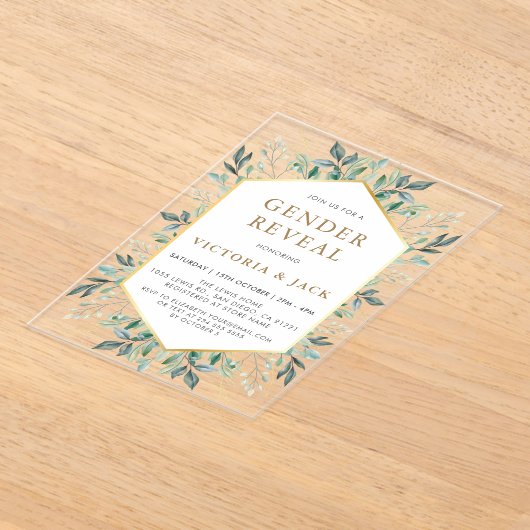 金ゴールドエレガントの緑の枠の性別の表示 アクリル招待状 (レイダウン)