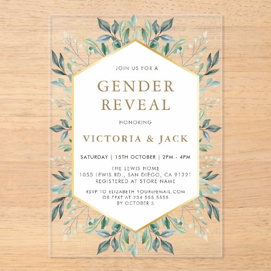 金ゴールドエレガントの緑の枠の性別の表示 アクリル招待状 (正面)