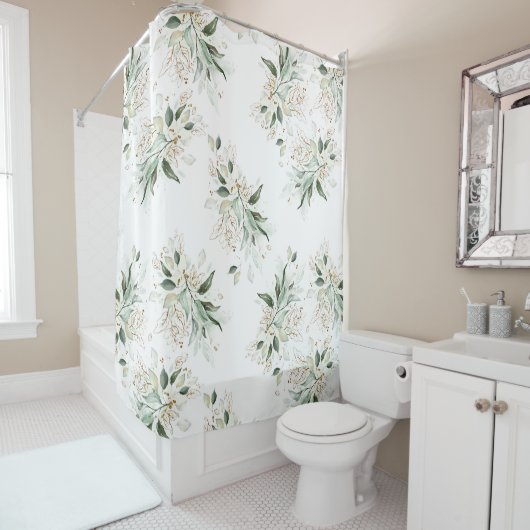 金ゴールドエレガントの緑の葉が白モダンい シャワーカーテン (インサイチュ)