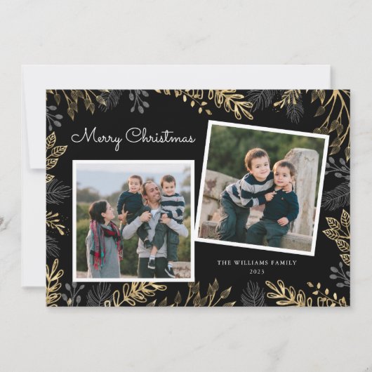 金ゴールドエレガントの緑2枚の写真メリークリスマス シーズンカード (正面)