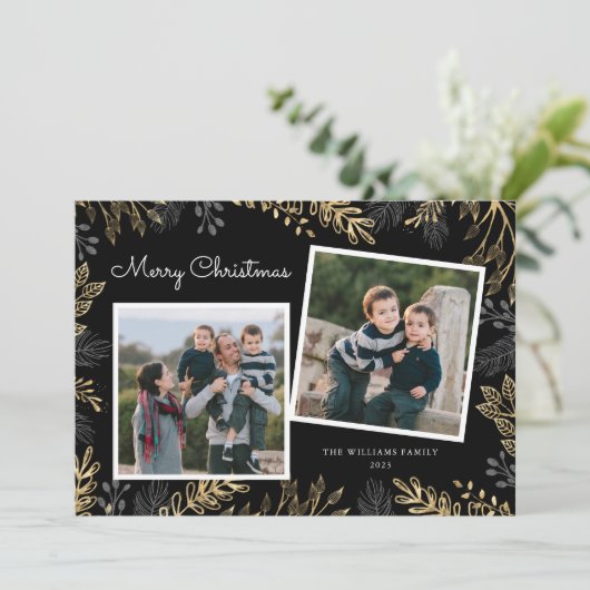 金ゴールドエレガントの緑2枚の写真メリークリスマス シーズンカード (スタンド正面)