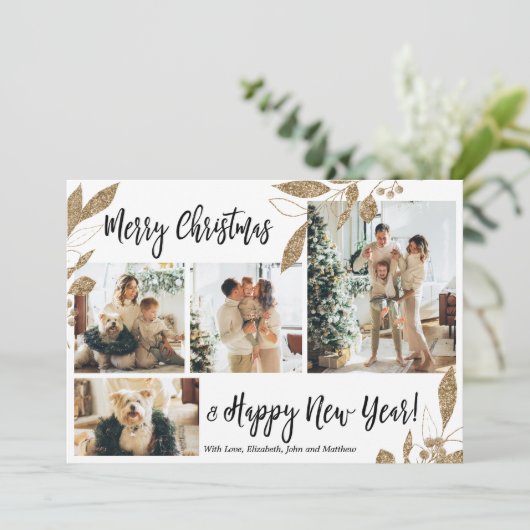 金ゴールドエレガントの葉フォトコラージュクリスマスカード (スタンド正面)