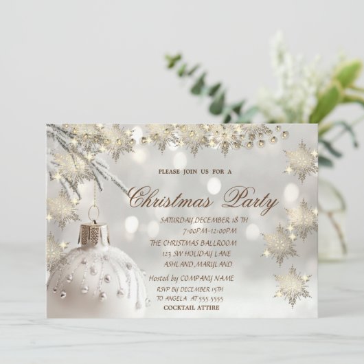 金ゴールドエレガントの雪片、ホワイトボールクリスマスパーティー 招待状 (スタンド正面)