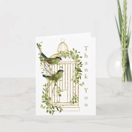 金ゴールドエレガントの鳥が枝に乗る鳥かご サンキューカード (正面)
