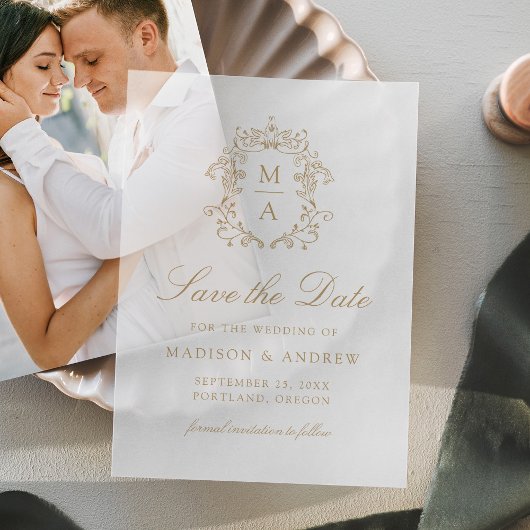 金ゴールドエレガントのChinoiserie結婚式の日付を保存 ベラム紙招待状