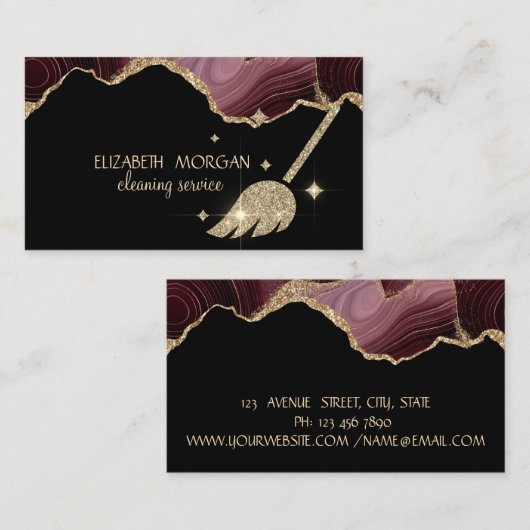 金ゴールドエレガントほうき、メイドのブルゴーニュの瑪瑙を洗浄 名刺 (正面/裏面)