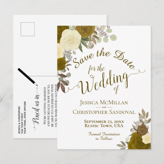 金ゴールドエレガントまたは黄色のバラの結婚式の日付を保存 案内ポストカード (正面/裏面)