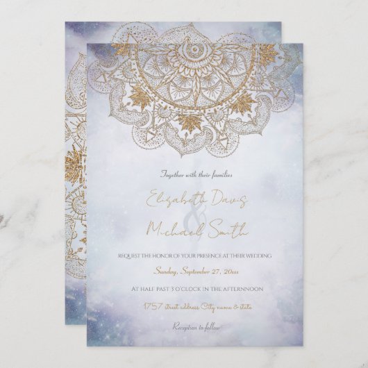 金ゴールドエレガントアイサンムーンマンダラデザイン 招待状 (正面/裏面)