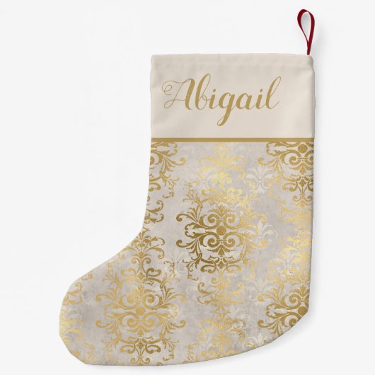 金ゴールドエレガントアイボリーダマスクパーソナライズされた スモールクリスマスストッキング (裏面)