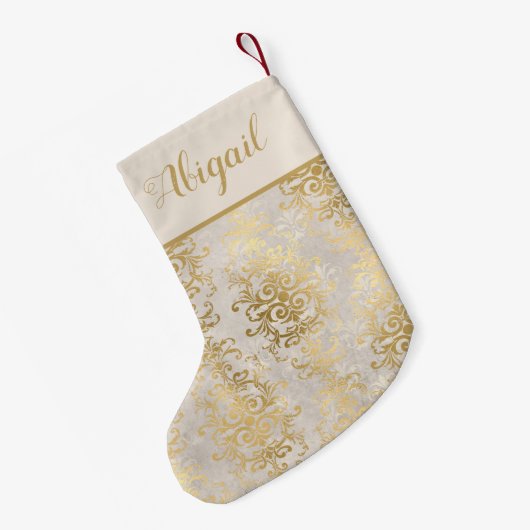 金ゴールドエレガントアイボリーダマスクパーソナライズされた スモールクリスマスストッキング (裏面 (吊り時))