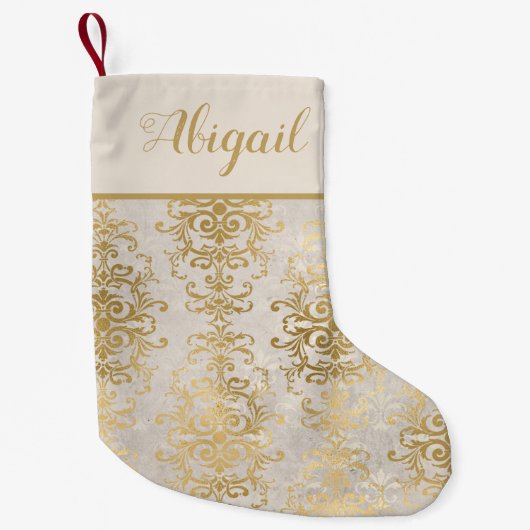 金ゴールドエレガントアイボリーダマスクパーソナライズされた スモールクリスマスストッキング (正面)