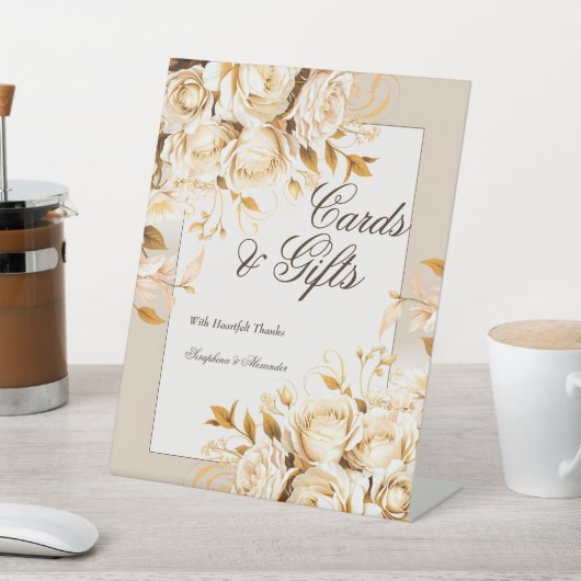 金ゴールドエレガントアイボリーフローラウェディングギフトテーブルトップ 台座サイン (インサイチュ)