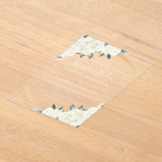 金ゴールドエレガントアイボリーフローラヌエストラボダ結婚ズ アクリル招待状 (レイダウン)