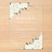 金ゴールドエレガントアイボリーフローラヌエストラボダ結婚ズ アクリル招待状 (正面)