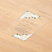 金ゴールドエレガントアイボリーフローラ緑の性別開示 アクリル招待状 (レイダウン)