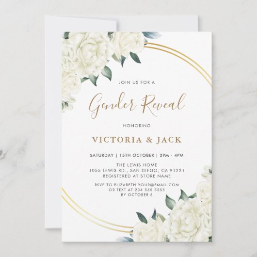 金ゴールドエレガントアイボリーフローラ緑の性別開示 招待状 (正面)