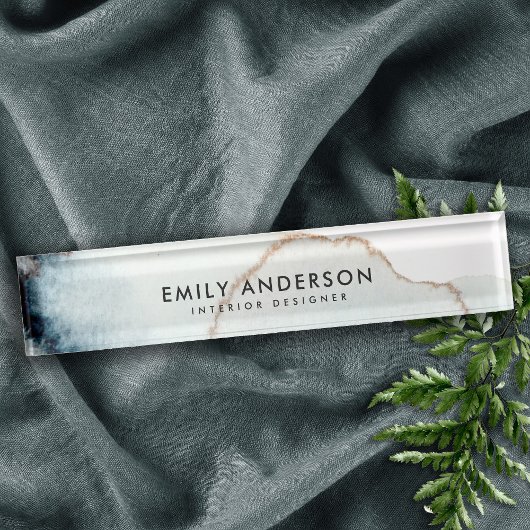 金ゴールドエレガントアクアブルーブラシストローク汚れテクスチャ デスクネームプレート