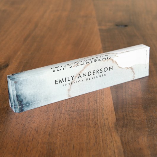 金ゴールドエレガントアクアブルーブラシストローク汚れテクスチャ デスクネームプレート (側面)