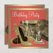 金ゴールドエレガントアンドコーラルグアババースデーパーティー 招待状 (正面/裏面)