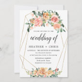 金ゴールドエレガントアンドピーチフローラ結婚式招待状 招待状 (正面)