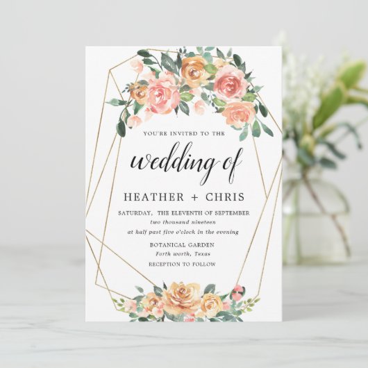 金ゴールドエレガントアンドピーチフローラ結婚式招待状 招待状 (スタンド正面)