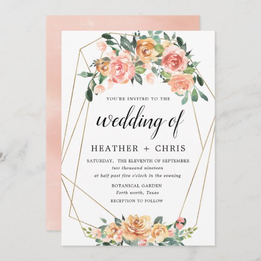 金ゴールドエレガントアンドピーチフローラ結婚式招待状 招待状 (正面/裏面)