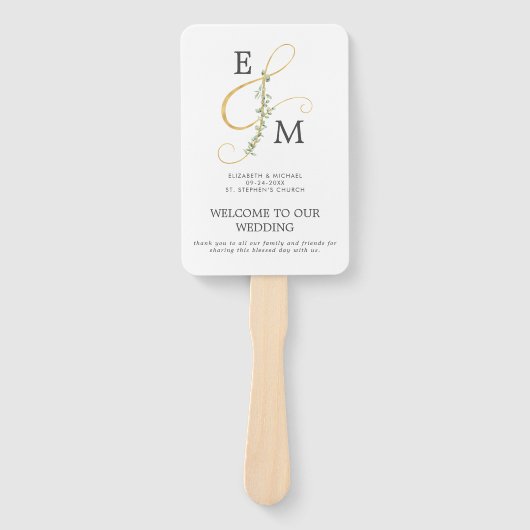 金ゴールドエレガントアンパサンドユーカリ結婚式 プログラム ハンドファン (正面)