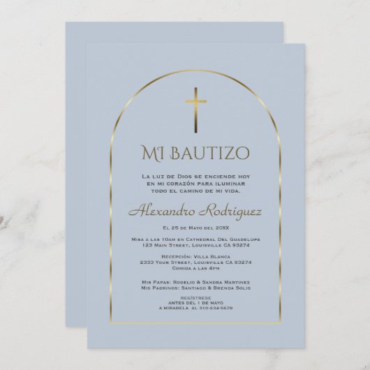 金ゴールドエレガントアーチダスティブルーボーイバウティソスペインのー 招待状 (正面/裏面)