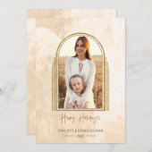 金ゴールドエレガントアーチハッピーホリデーズスクリプトフォト シーズンカード (正面/裏面)