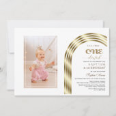 金ゴールドエレガントアーチバプテスマ1stバースデーガールフォト 招待状 (正面)