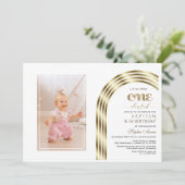 金ゴールドエレガントアーチバプテスマ1stバースデーガールフォト 招待状 (スタンド正面)