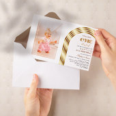 金ゴールドエレガントアーチバプテスマ1stバースデーガールフォト 招待状