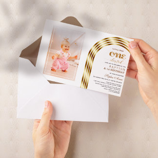 金ゴールドエレガントアーチバプテスマ1stバースデーガールフォト 招待状