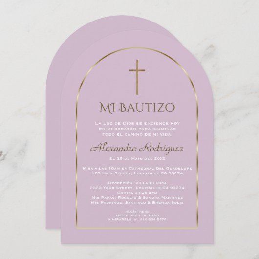 金ゴールドエレガントアーチパープルバウティスペインのゾ 招待状 (正面/裏面)