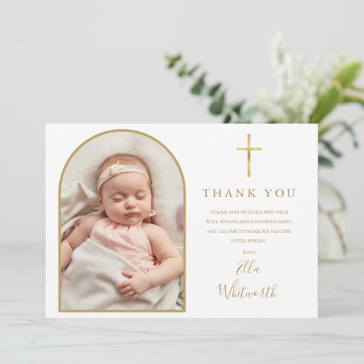 金ゴールドエレガントアーチ写真署名台本バプテスマ サンキューカード (スタンド正面)