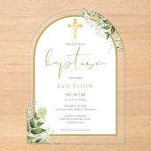 金ゴールドエレガントアーチ緑のフローラの葉バプテスマ アクリル招待状 (正面)