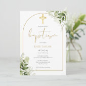 金ゴールドエレガントアーチ緑のフローラ写真バプテスマ 招待状 (スタンド正面)