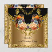 金ゴールドエレガントイエローバードブラックバースデーパーティー2 招待状 (正面/裏面)
