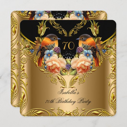 金ゴールドエレガントイエローバードブラック70誕生日 招待状 (正面/裏面)