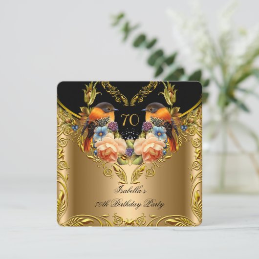 金ゴールドエレガントイエローバードブラック70誕生日 招待状 (スタンド正面)
