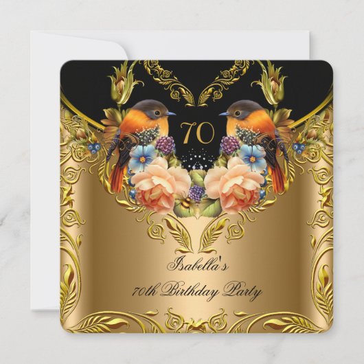 金ゴールドエレガントイエローバードブラック70誕生日 招待状 (正面)