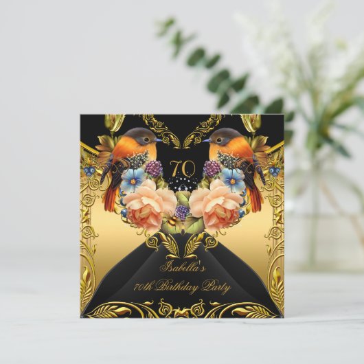 金ゴールドエレガントイエローバードブラック70th誕生日パーティー 招待状 (スタンド正面)