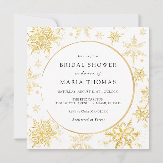 金ゴールドエレガントウィンタースノーフレークブライダルシャワー 招待状 (正面)