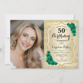 金ゴールドエレガントエメラルドグリーンフォト50誕生日 招待状 (正面)